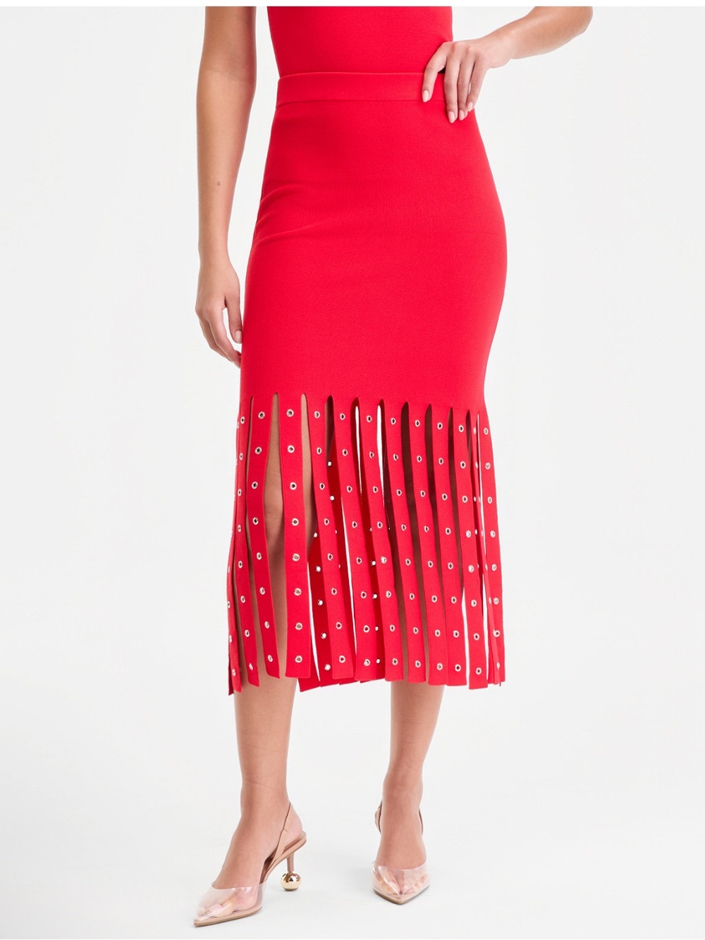 INC Red Grommet & Fringe Sweater Skirt